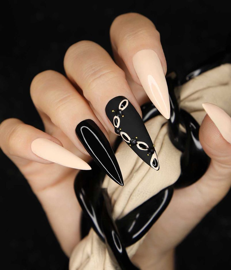 Beige and black manicure on long nails